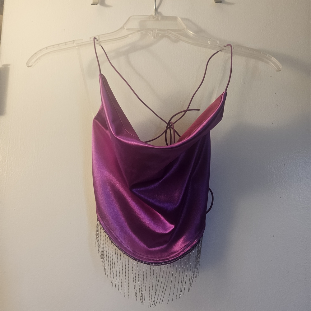Windsor Purple Satin Crop Top with Fringe